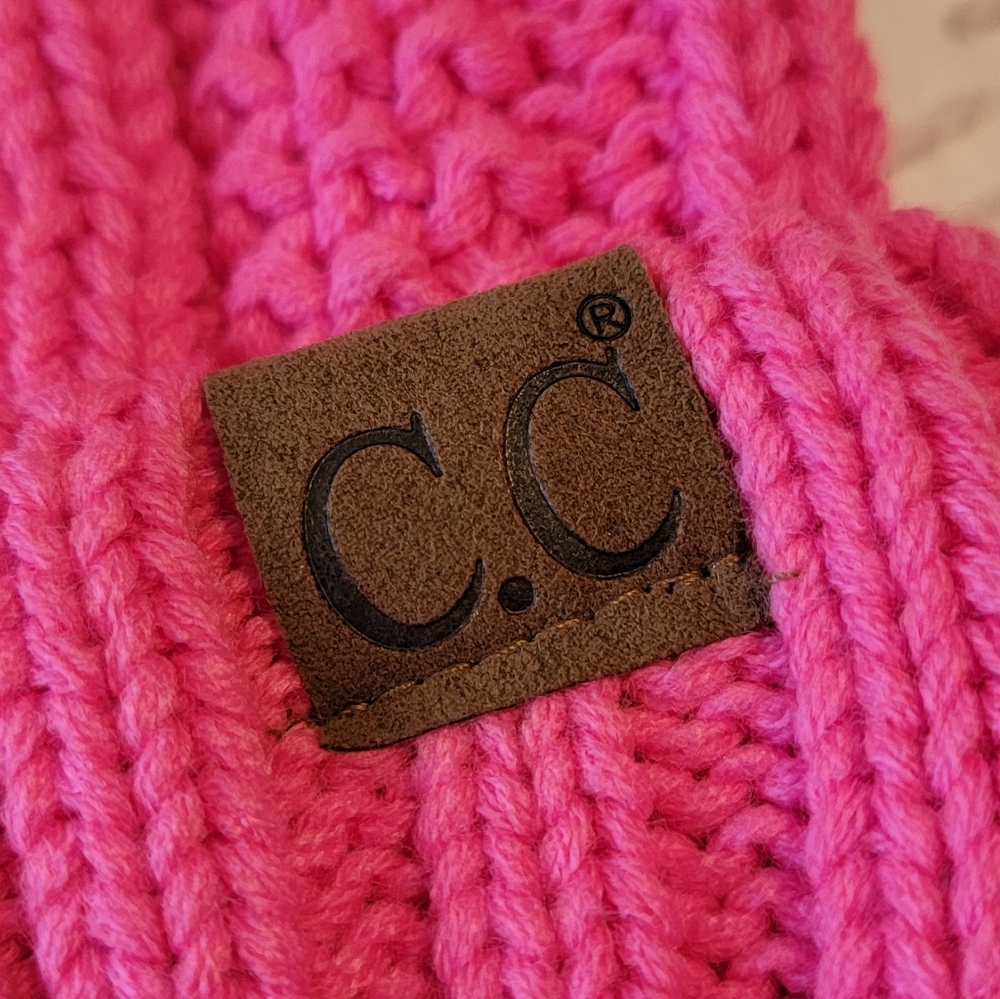 C.C. Hot Pink Knit Women's Beanie with Faux Fur Pom Pom - Picture 2 of 5